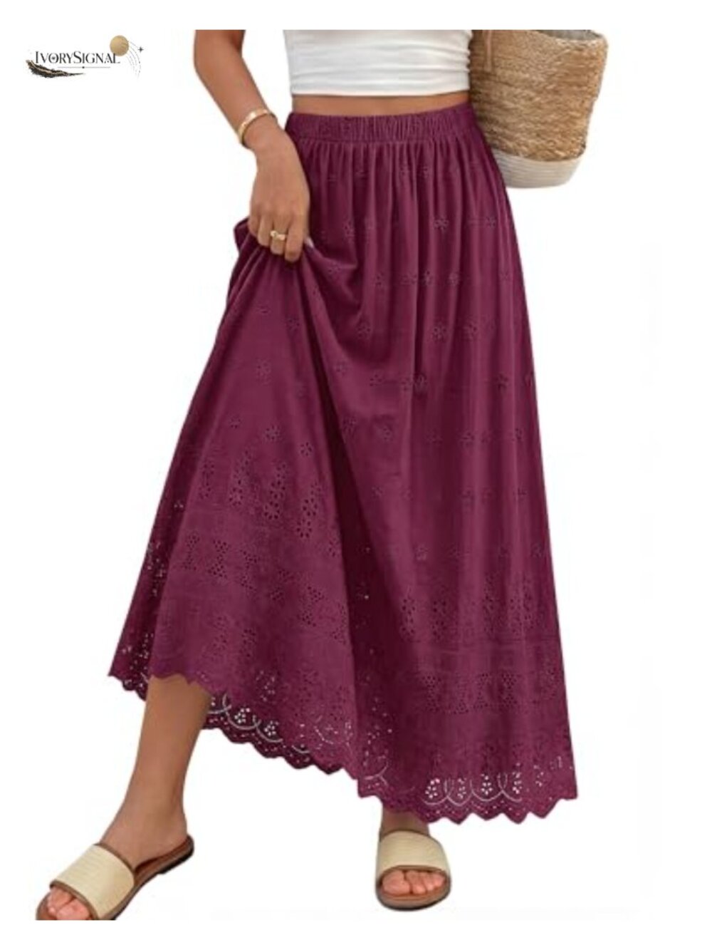 Women Boho Eyelet Cotton A-Line Flowy Maxi Skirt High Waisted